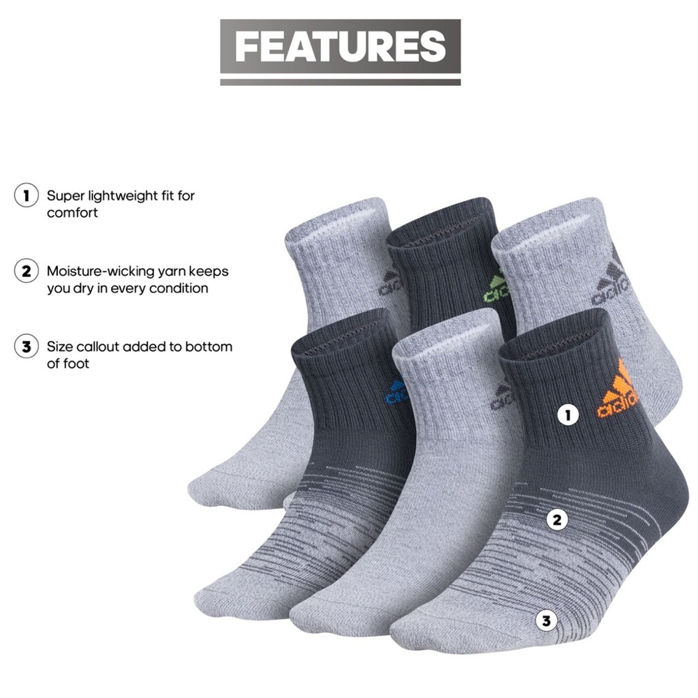 3 pairs Adidas Youth Superlite Badge of Sport Quarter Socks 6 Pack